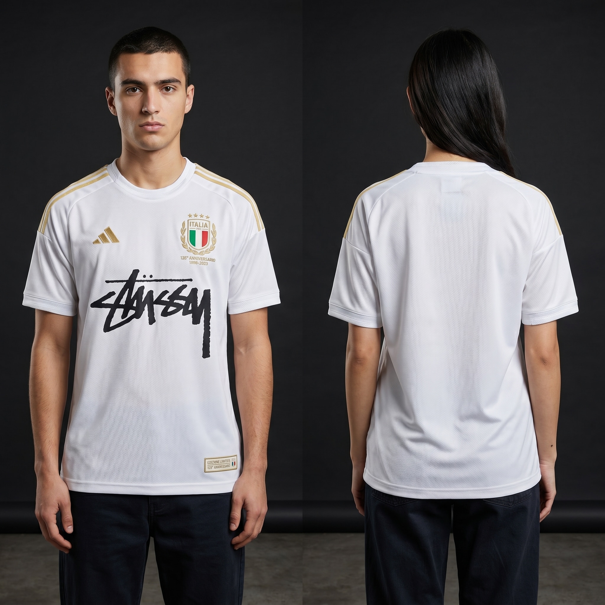Model wearing Stussy x Italy 125th Anniversary Jersey, a Touchline Drip fantasy football-inspired jersey