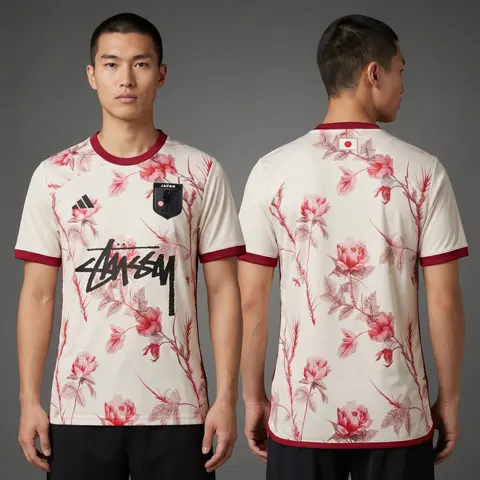 Model wearing Stussy x Japan Floral Cream Jersey, a Touchline Drip football x streetwear jersey
