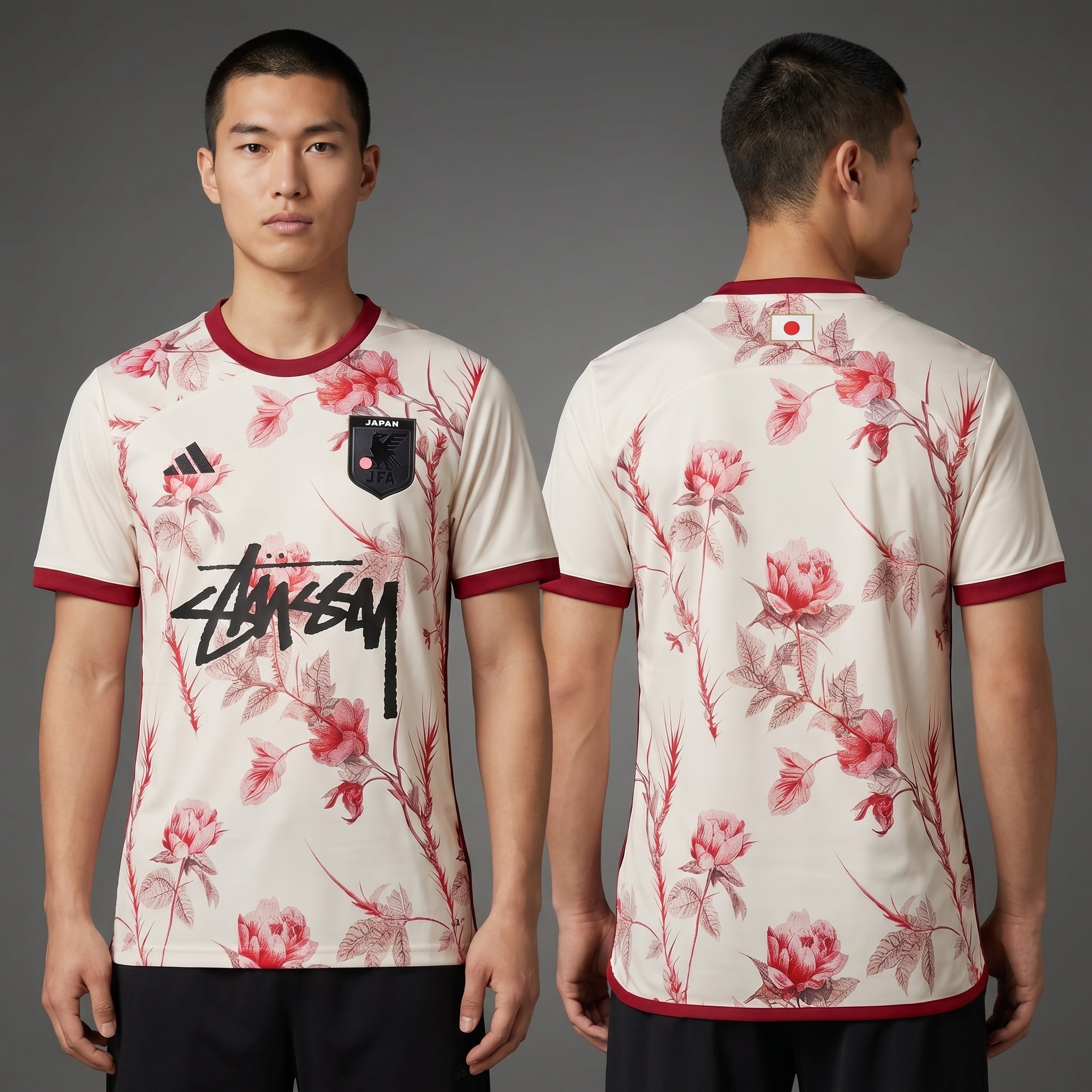 Model wearing Stussy x Japan Floral Cream Jersey, a Touchline Drip fantasy football-inspired jersey