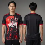 Model wearing Stussy x Japan Goku Power Concept Jersey, a Touchline Drip football x streetwear jersey