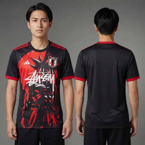 Model wearing Stussy x Japan Goku Power Concept Jersey, a Touchline Drip football x streetwear jersey