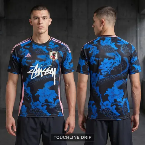 Model wearing Stussy x Japan Mystic Blue-pink Dragon Jersey, a Touchline Drip football x streetwear jersey