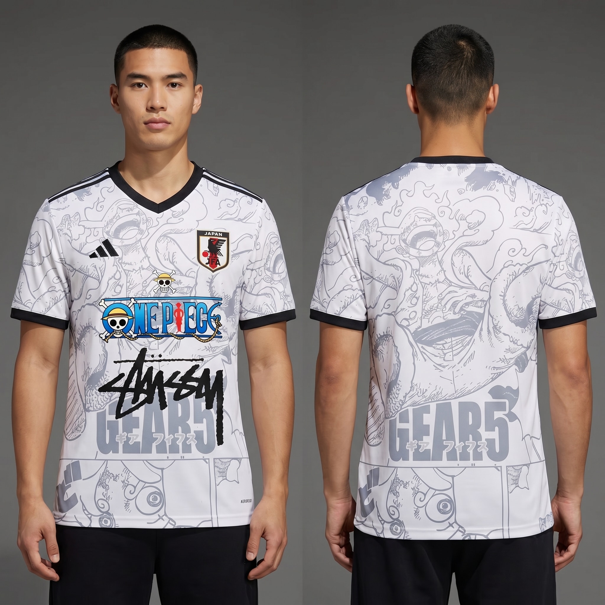 Model wearing Stussy x Japan One Piece White Jersey, a Touchline Drip fantasy football-inspired jersey