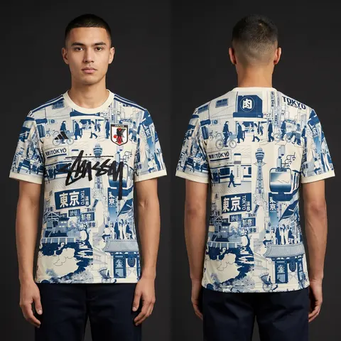 Model wearing Stussy x Japan "tokyo Streetscape" Concept Jersey – Cream/blue, a Touchline Drip football x streetwear jersey