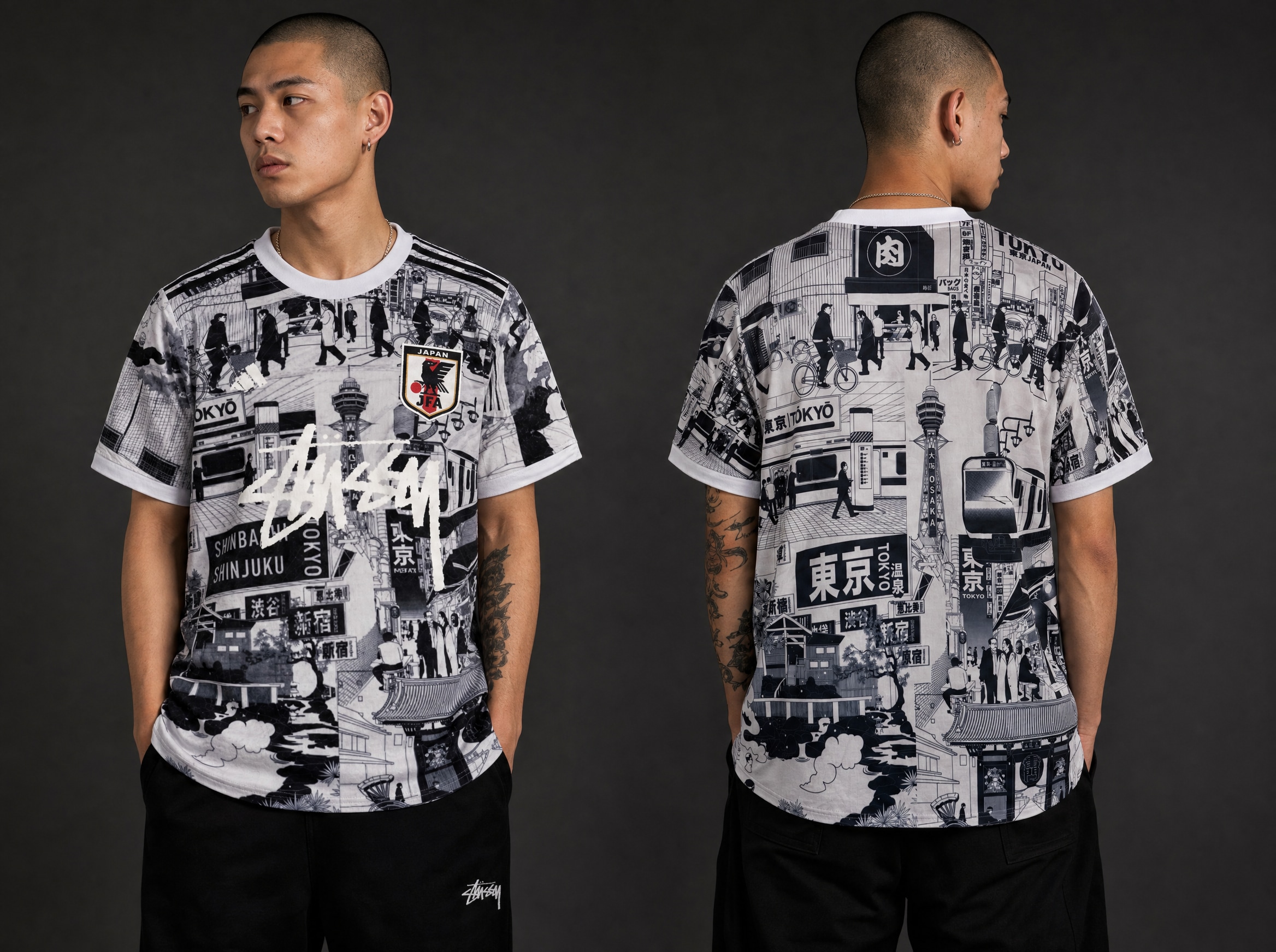 Model wearing Stussy x Japan "tokyo Streetscape" Concept Jersey – Grey, a Touchline Drip fantasy football-inspired jersey