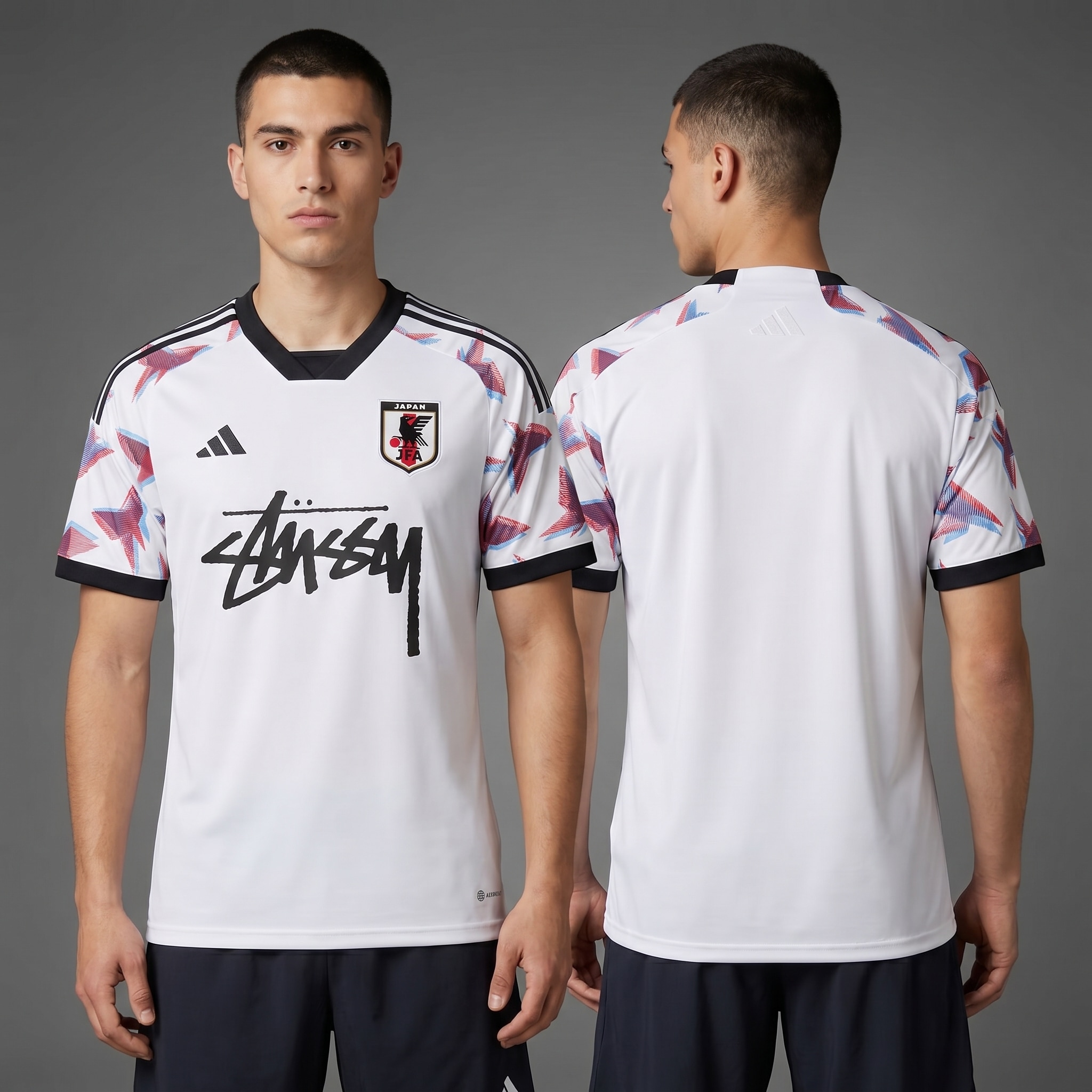 Model wearing Stussy x Japan White Sakura Jersey, a Touchline Drip fantasy football-inspired jersey