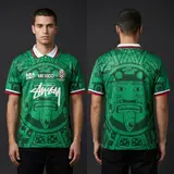 Model wearing Mexico 98 Home, a Touchline Drip football x streetwear jersey