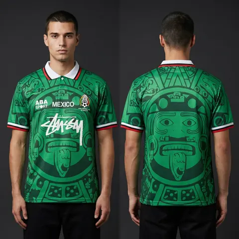 Model wearing Mexico 98 Home, a Touchline Drip football x streetwear jersey