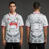 Model wearing Mexico x Stussy 98 Away White, a Touchline Drip football x streetwear jersey