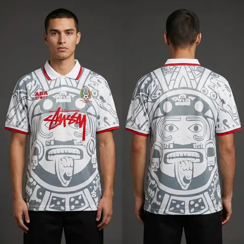 Model wearing Mexico x Stussy 98 Away White, a Touchline Drip football x streetwear jersey