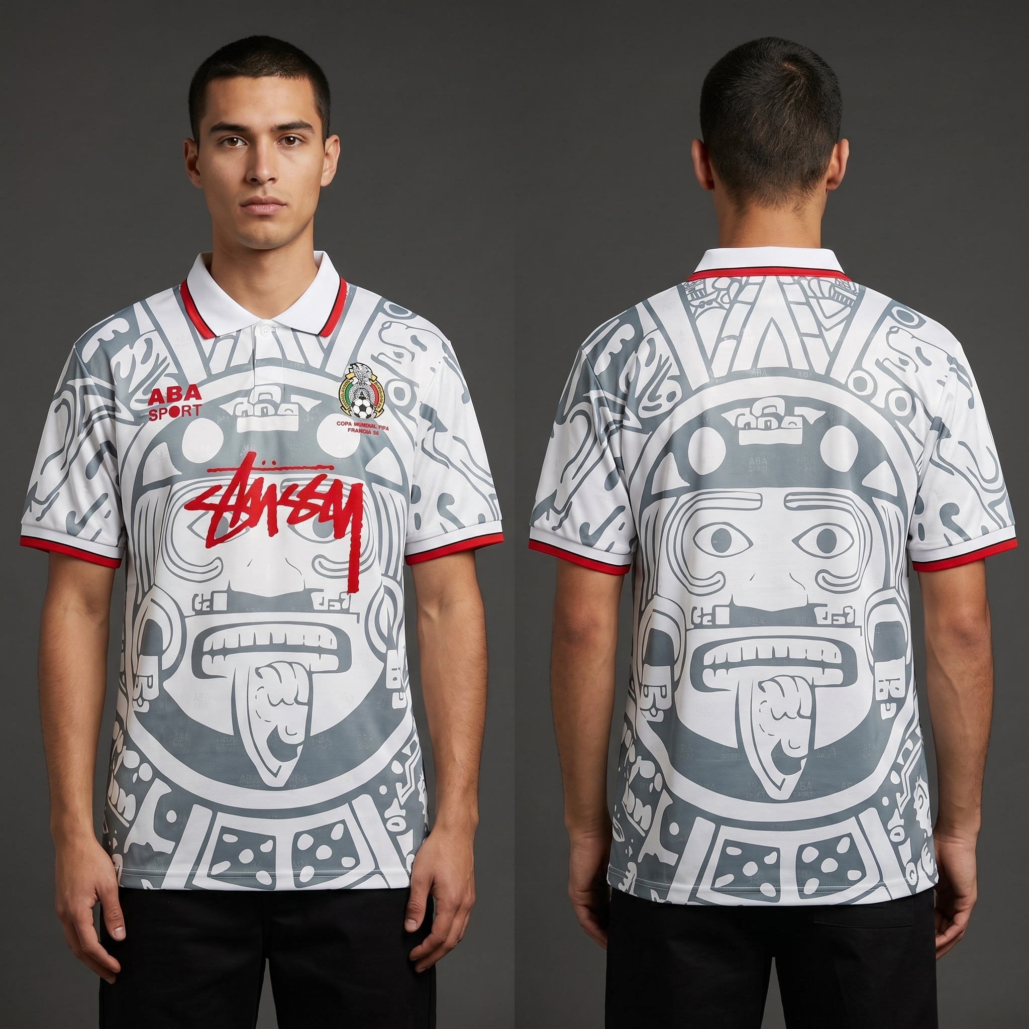 Model wearing Mexico x Stussy 98 Away White, a Touchline Drip fantasy football-inspired jersey