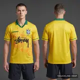 Model wearing 93/94 Braz Home, a Touchline Drip football x streetwear jersey