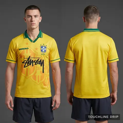 Model wearing 93/94 Braz Home, a Touchline Drip football x streetwear jersey