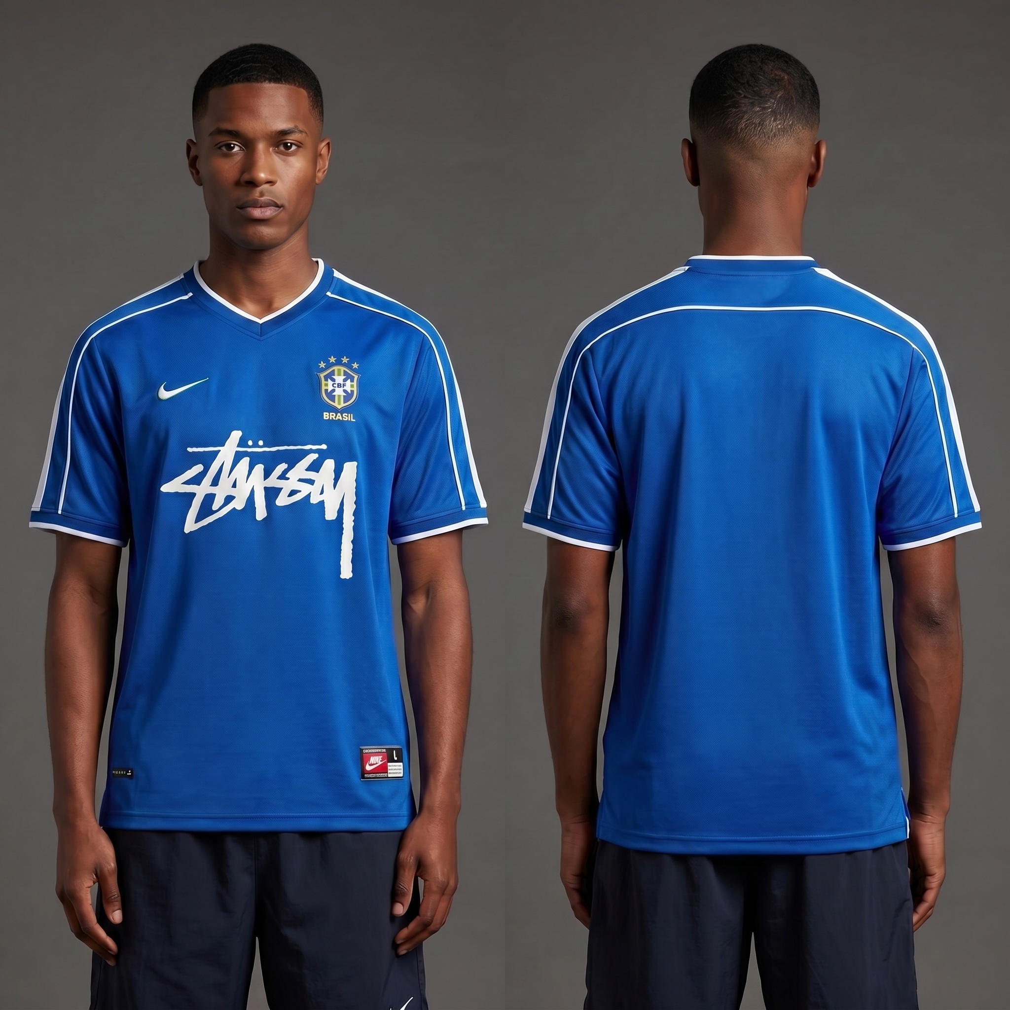Model wearing Stussy x Umbro 96 Blue Away Jersey, a Touchline Drip fantasy football-inspired jersey