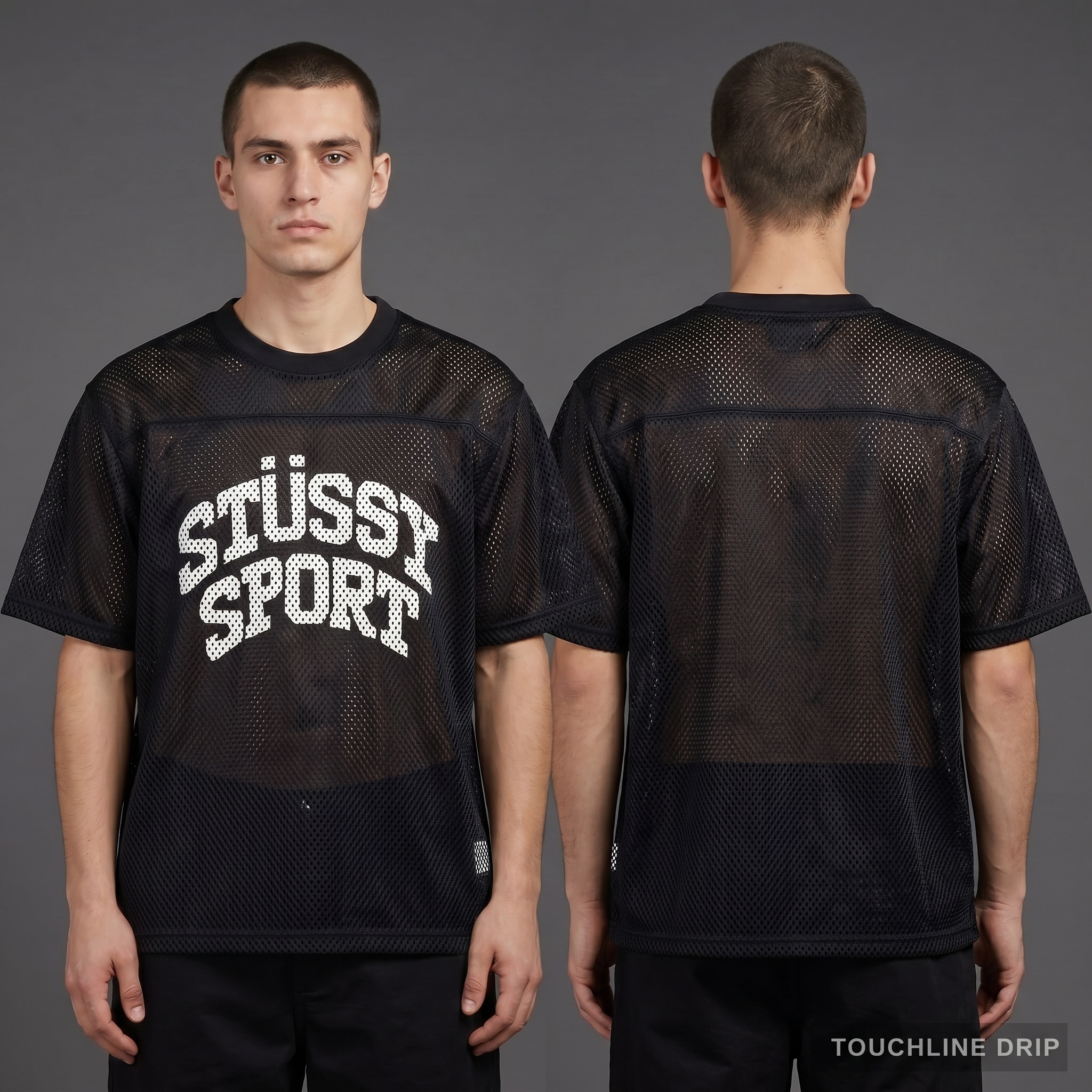 Model wearing Stussy Sport Mesh Jersey - Black, a Touchline Drip fantasy football-inspired jersey