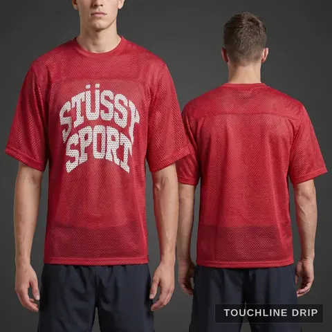 Model wearing Stussy Sport Mesh Jersey - Red, a Touchline Drip football x streetwear jersey