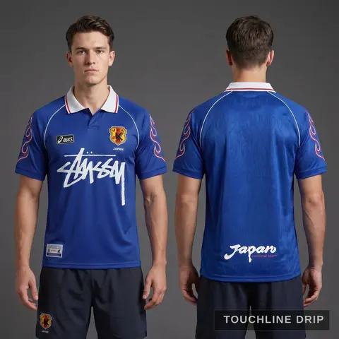 Model wearing Stussy x Asics Japan 1998 Concept Jersey, a Touchline Drip football x streetwear jersey