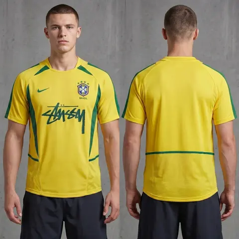 Model wearing Stussy x Brazil Yellow 2002 Inspired Special Edition Jersey, a Touchline Drip football x streetwear jersey