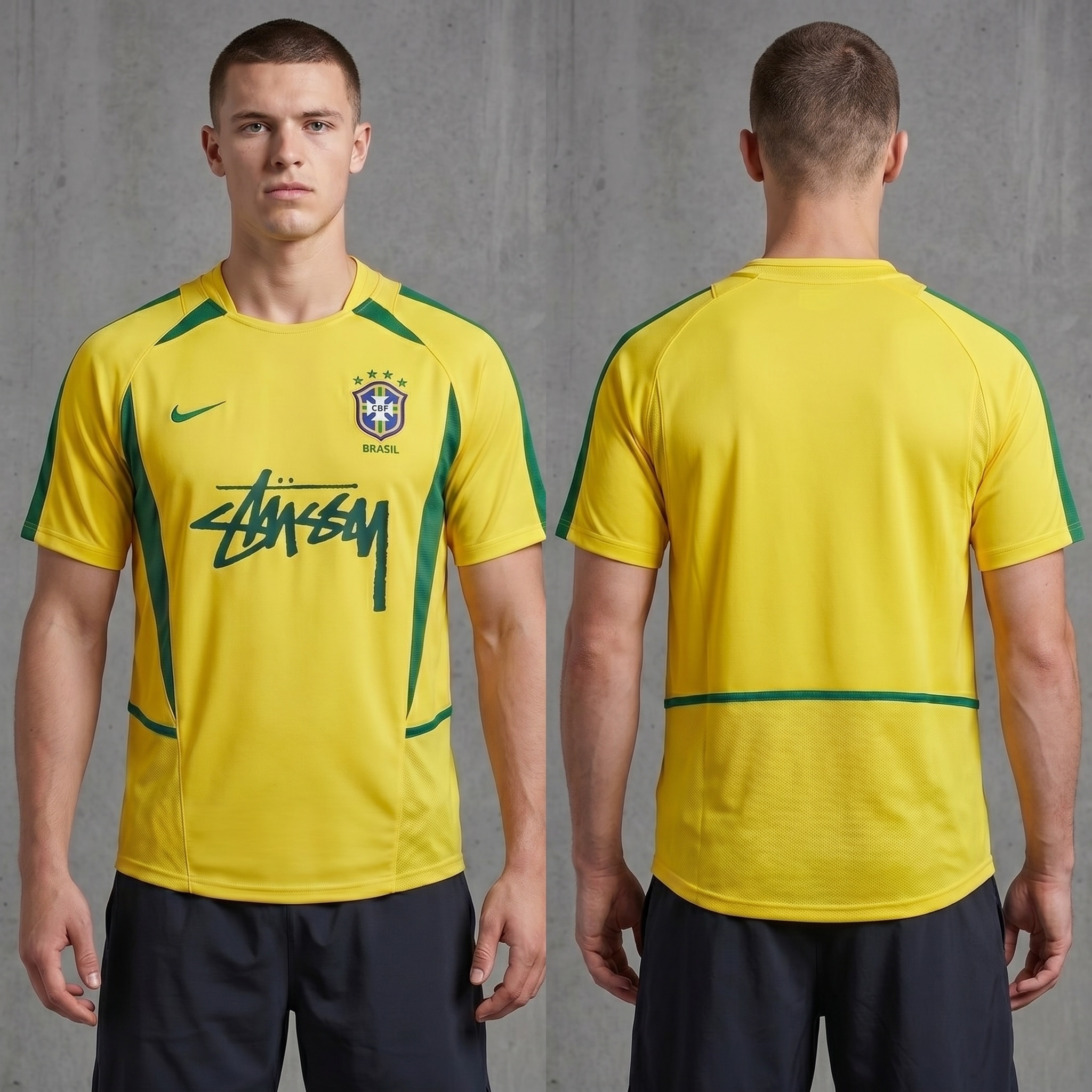 Model wearing Stussy x Brazil Yellow 2002 Inspired Special Edition Jersey, a Touchline Drip fantasy football-inspired jersey