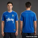 Model wearing 98 Braz Away, a Touchline Drip football x streetwear jersey