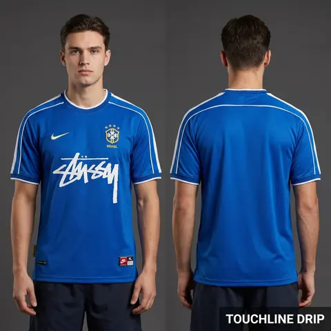 Model wearing 98 Braz Away, a Touchline Drip football x streetwear jersey