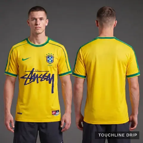 Model wearing Nike x Stussy Brazil Yellow 1998 Inspired Special Edition Concept Jersey, a Touchline Drip football x streetwear jersey