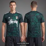 Model wearing Stussy x Italy 2024 Special Edition Jersey, a Touchline Drip football x streetwear jersey