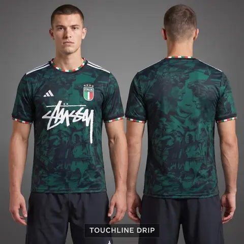 Model wearing Stussy x Italy 2024 Special Edition Jersey, a Touchline Drip football x streetwear jersey