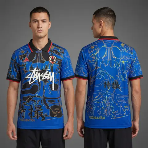 Model wearing Tokusatsu-inspired Japan JFA Concept Jersey - Blue Samurai Edition, a Touchline Drip football x streetwear jersey