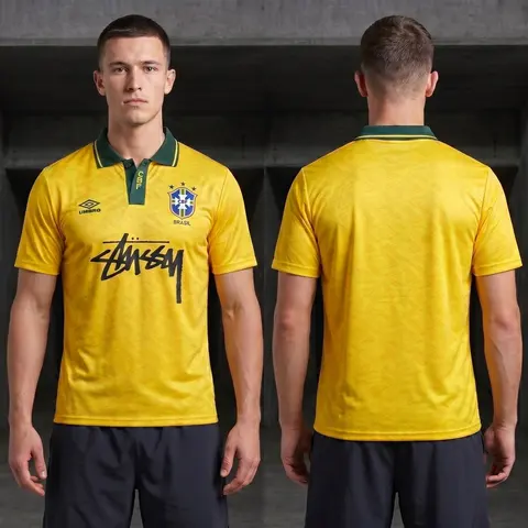 Model wearing Umbro x Stussy 1991 Brazil Home Jersey, a Touchline Drip football x streetwear jersey
