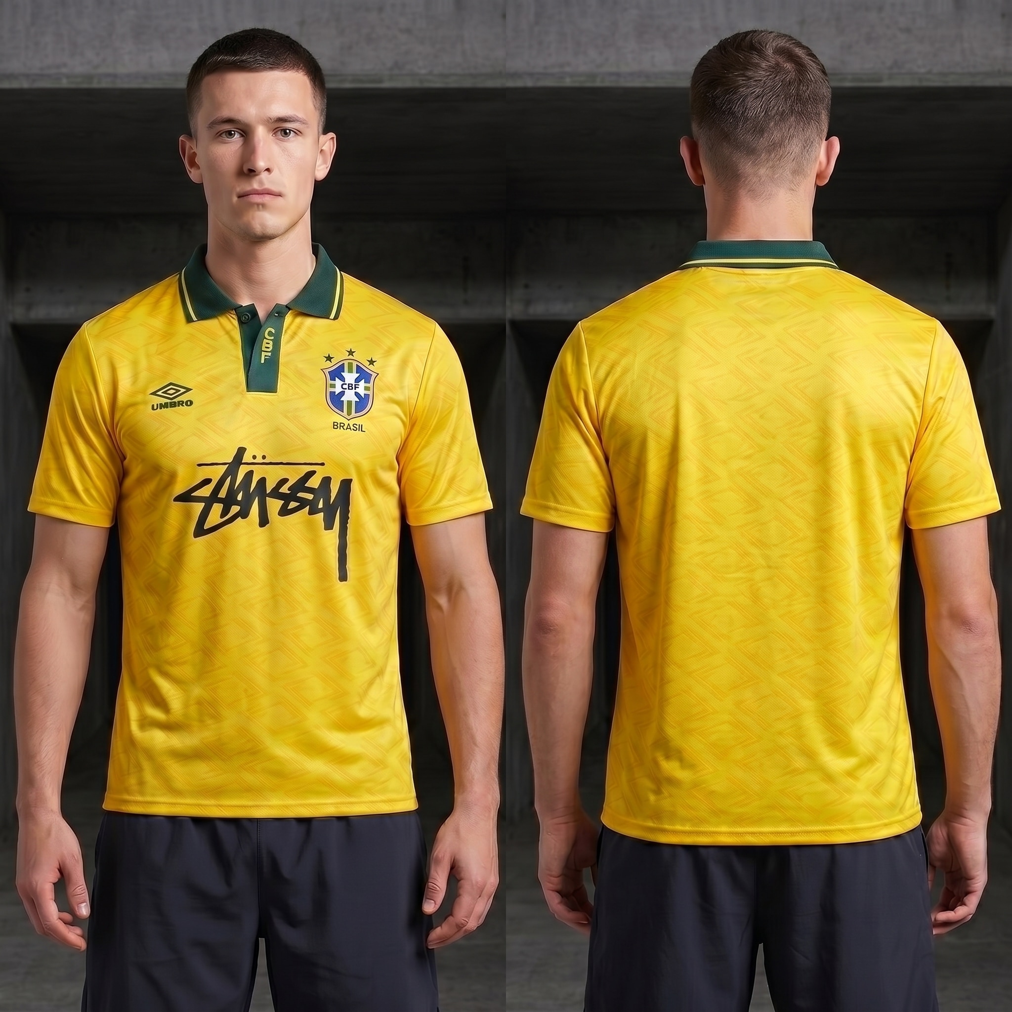 Model wearing Umbro x Stussy 1991 Brazil Home Jersey, a Touchline Drip fantasy football-inspired jersey