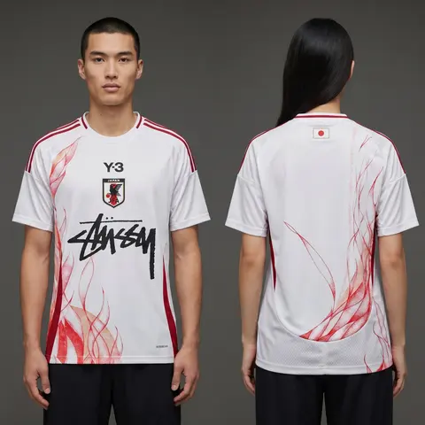 Model wearing Y-3 x Stussy x Japan "rising Phoenix" Limited Edition Jersey - White/red Flame, a Touchline Drip football x streetwear jersey
