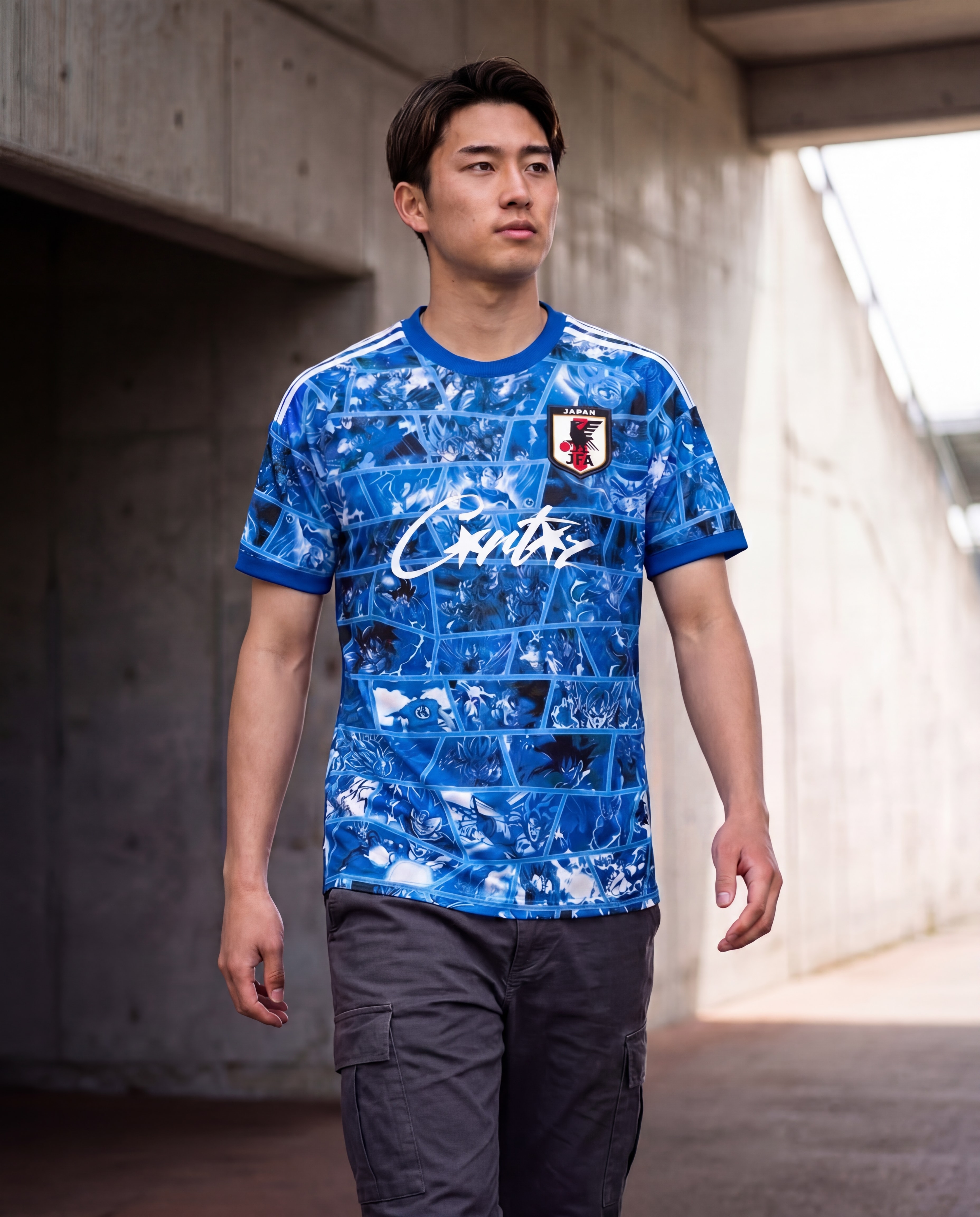 Touchline Drip fantasy football jersey styled in a stadium tunnel
