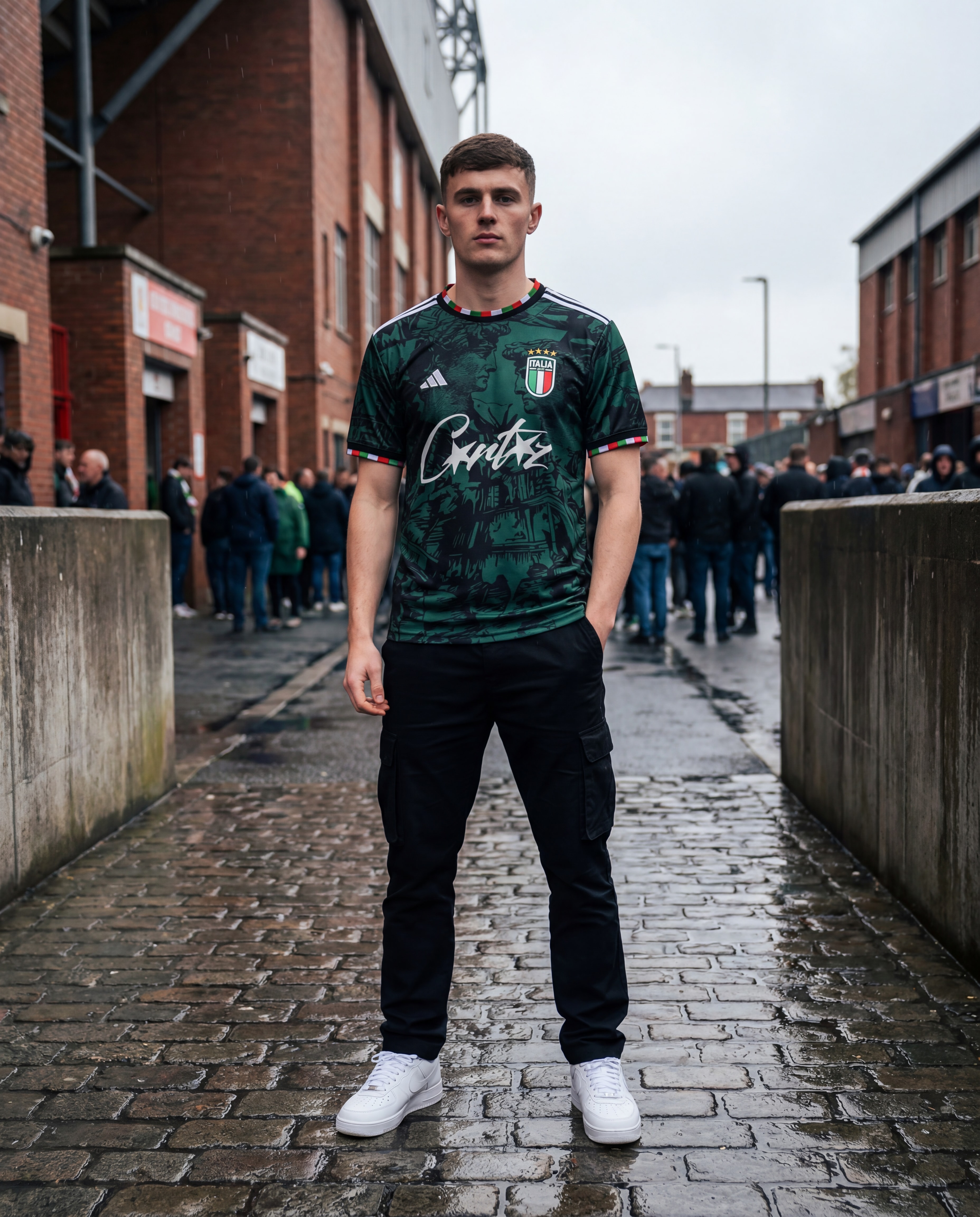 Model wearing the Corteiz x Italy 2024 Special Edition Jersey in a streetwear look