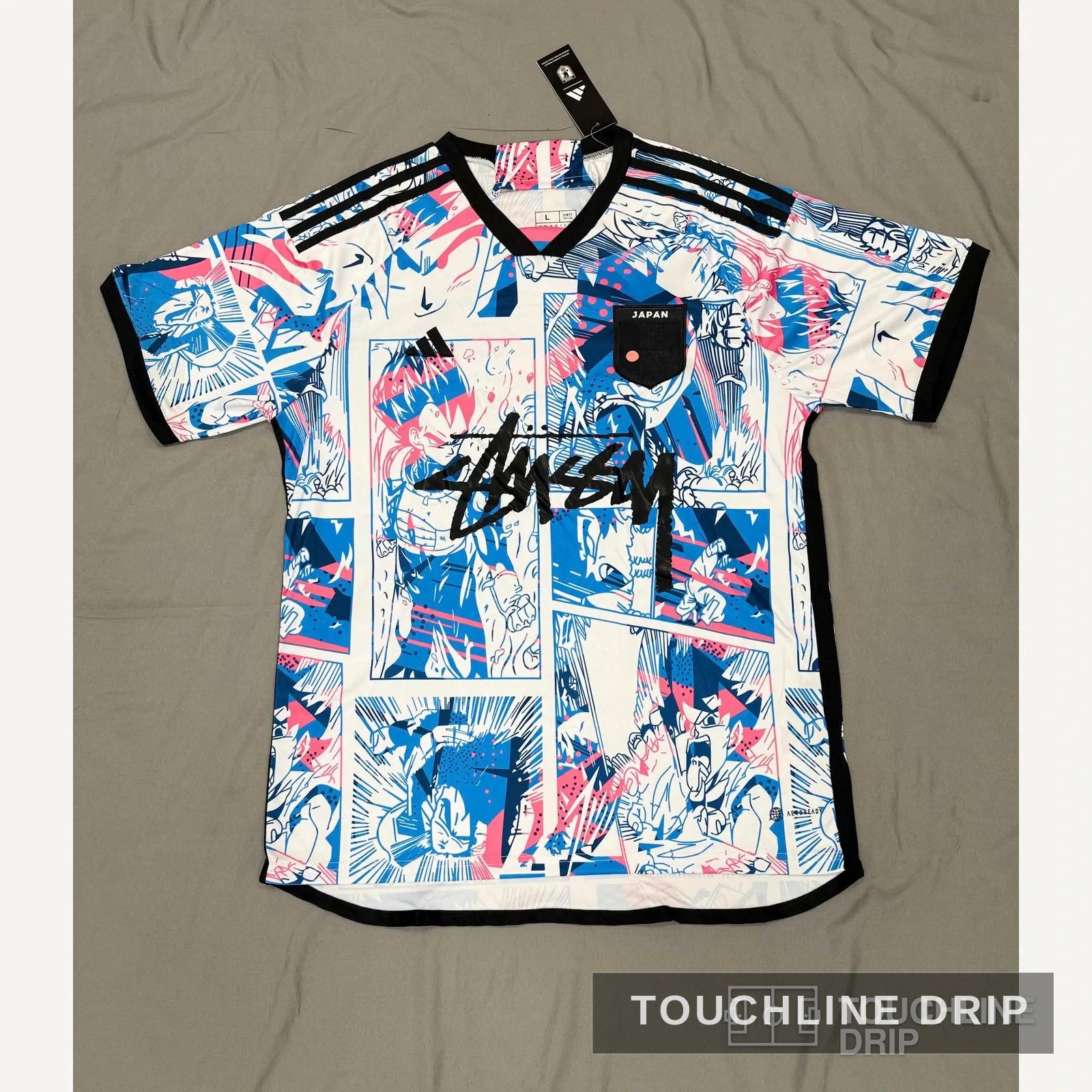 Front product image of Adidas x Stussy Japan Dragon Ball Blast White/blue Concept Jersey