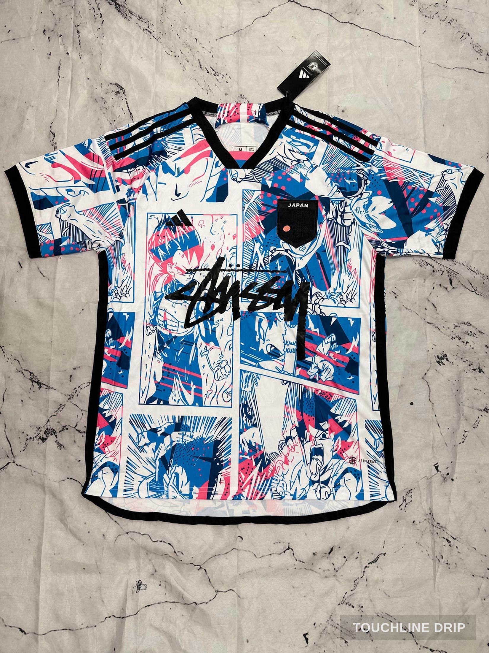 Front product image of Adidas x Stussy Japan Dragon Ball Blast White/blue Concept Jersey