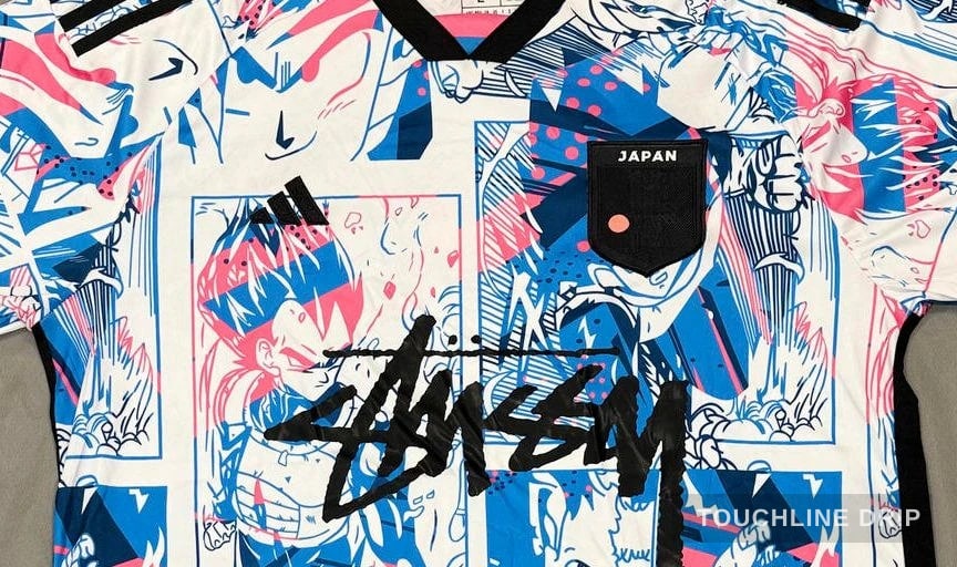 logo closeup detail image of Adidas x Stussy Japan Dragon Ball Blast White/blue Concept Jersey