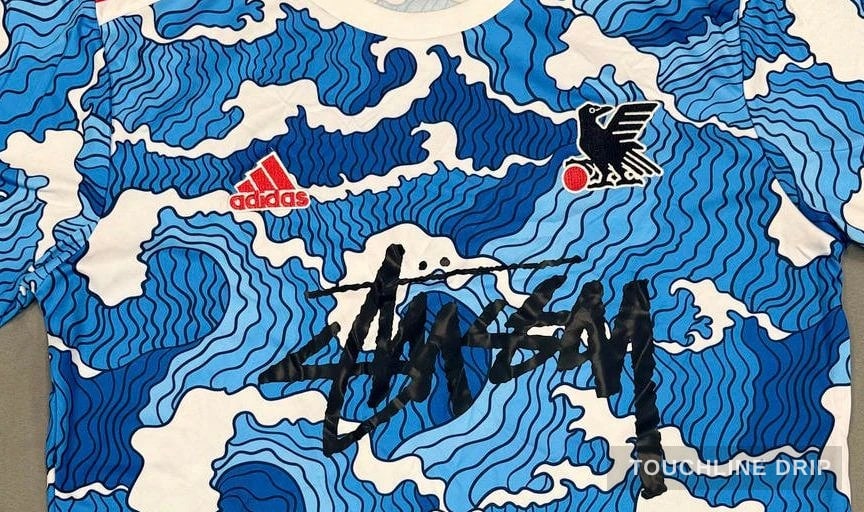 logo closeup detail image of Adidas x Stussy Japan Ocean Flow Concept Jersey - Blue Surge Edition
