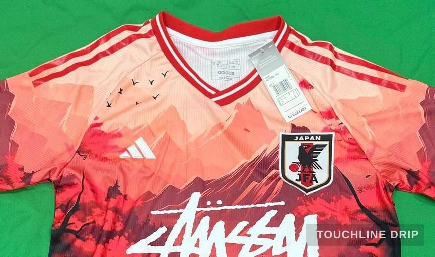 logo closeup detail image of Adidas x Stussy Japan Temple Serenity Concept Jersey - Crimson Dawn Edition