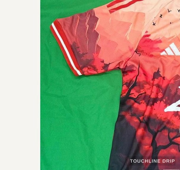 sleeve detail image of Adidas x Stussy Japan Temple Serenity Concept Jersey - Crimson Dawn Edition