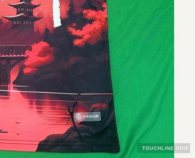 patch closeup detail image of Adidas x Stussy Japan Temple Serenity Concept Jersey - Crimson Dawn Edition