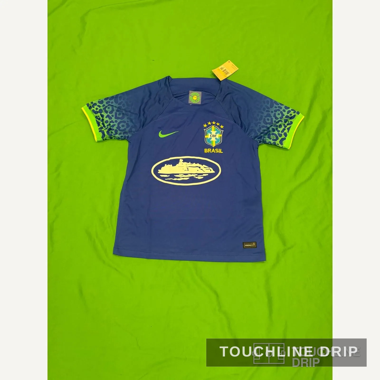 Front product image of Corteiz x Brazil "leopard Wave Armada" Concept Jersey – Dynamic Blue/volt