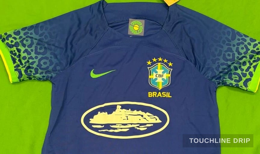 logo closeup detail image of Corteiz x Brazil "leopard Wave Armada" Concept Jersey – Dynamic Blue/volt