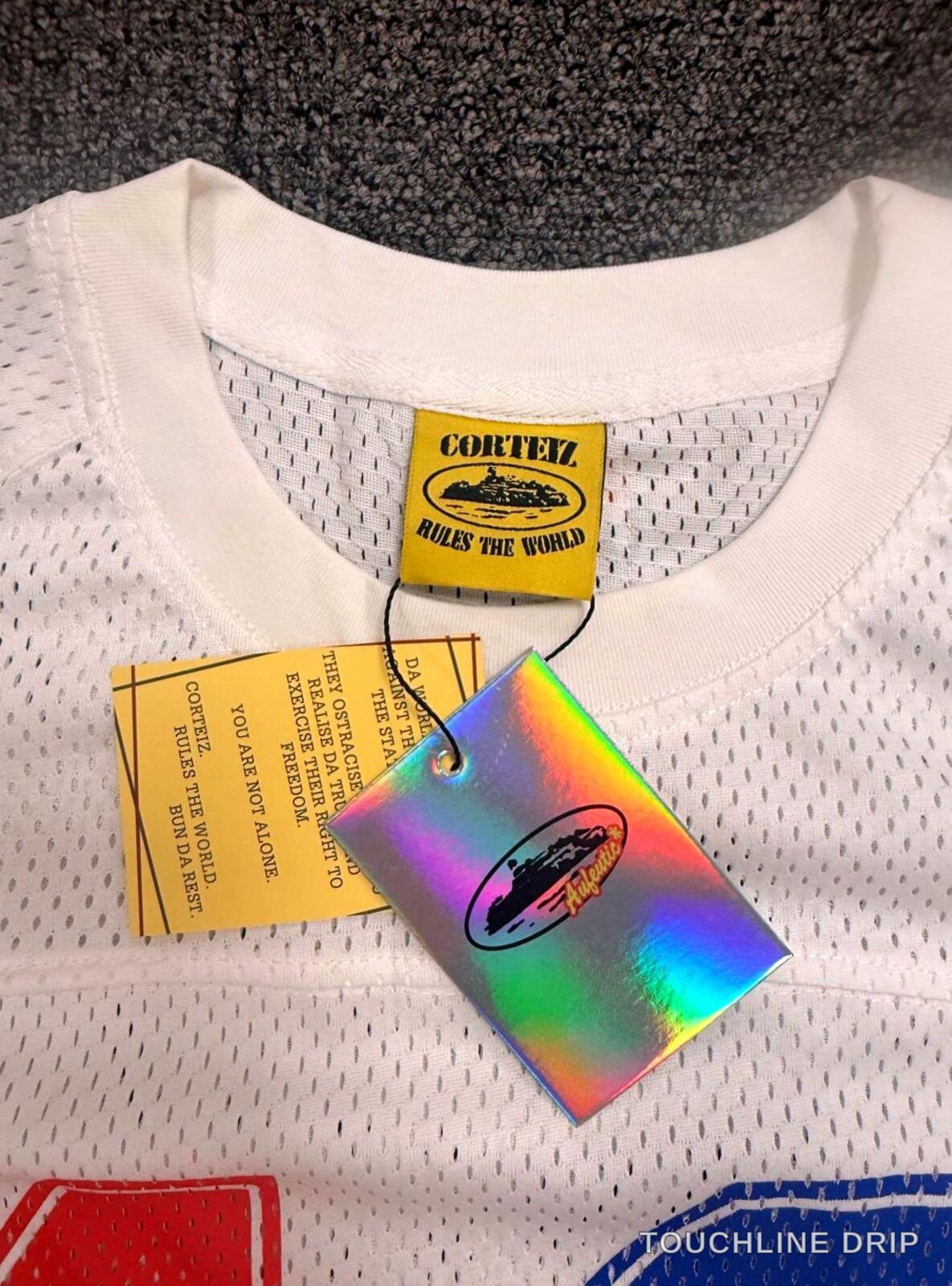 Sleeve and collar detail of Corteiz HMP Mesh Panel Jersey White