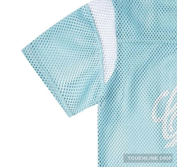 sleeve detail image of Corteiz Open Mesh Panel Jersey 'baby Blue White'