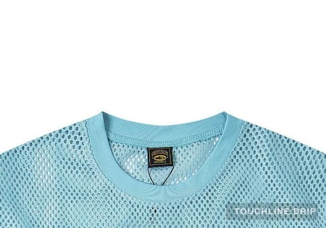 collar detail image of Corteiz Open Mesh Panel Jersey 'baby Blue White'