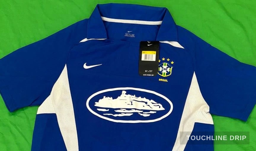 logo closeup detail image of Corteiz x Brazil Blue 2002 Inspired Special Edition Jersey