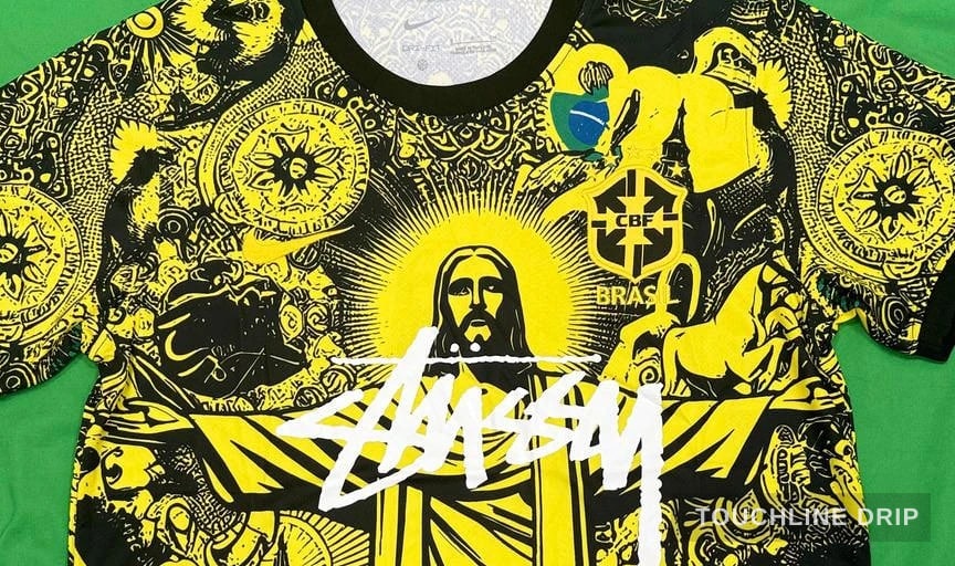 logo closeup detail image of Nike x Stussy Brazil Black and Yellow Christ the Redeemer Jersey