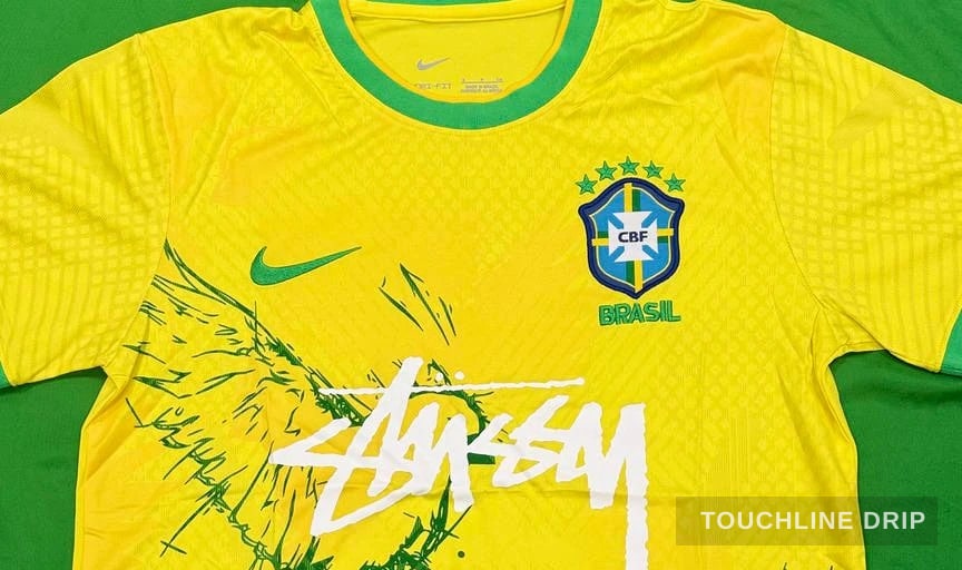 logo closeup detail image of Nike x Stussy Brazil Jungle Flight Concept Jersey