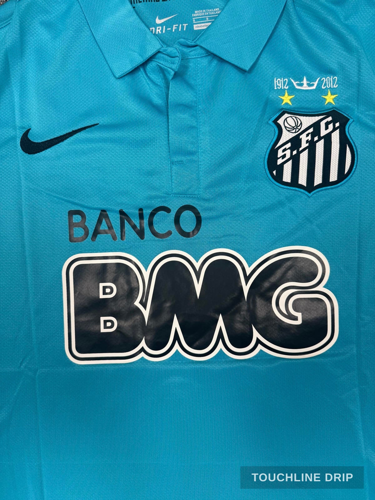 logo closeup product image of Neymar JR Santos FC 2011 2012 Retro Blue Green Turquoise Jersey